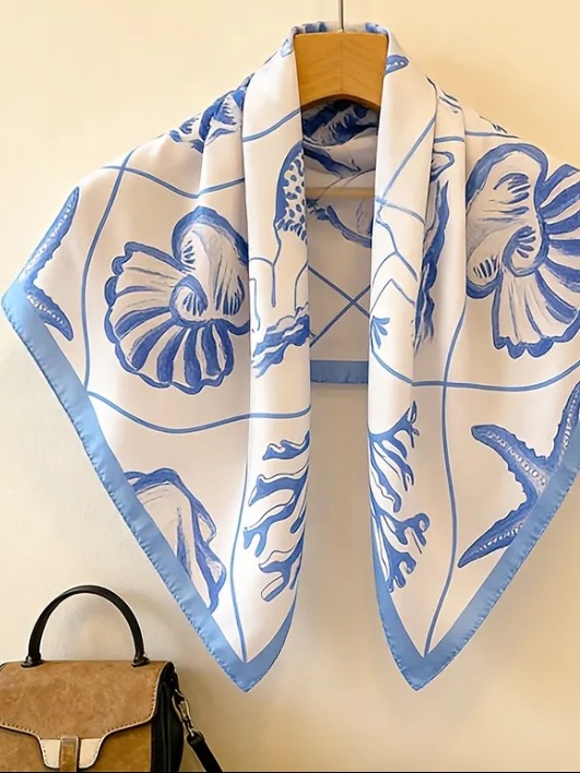 Blue  White Seashell Silk Scarf